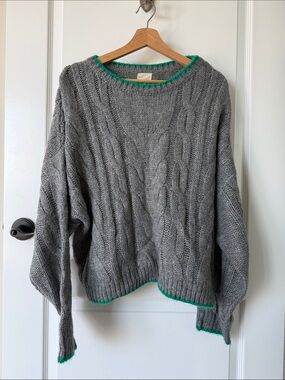 Vici Gray Cable Knit Crewneck Sweater with Green Trim